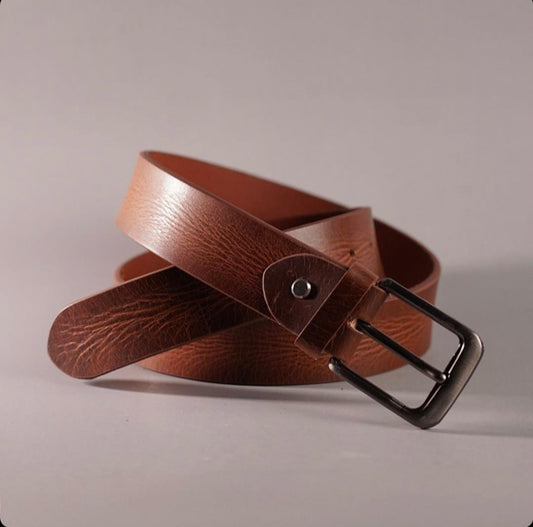 Tan Leather Belt with Wrap-Strap Buckle Detail