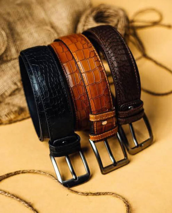 Crocodile-Embossed Leather Belt